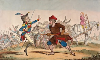 man riding horse with woman in blue dress painting