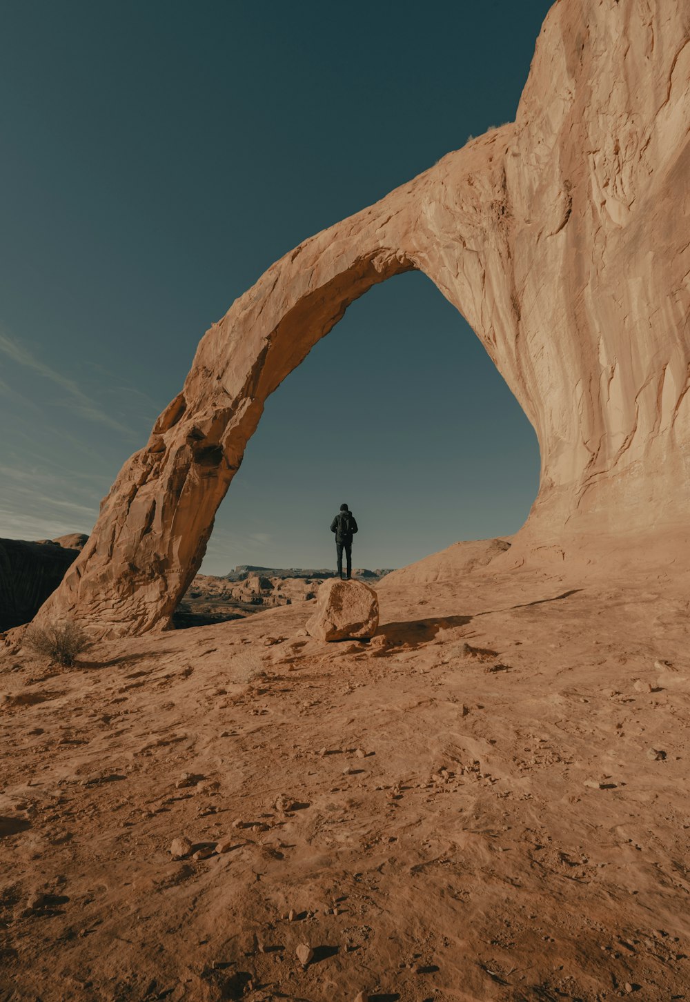 homem na jaqueta preta em pé na formação rochosa marrom durante o dia
