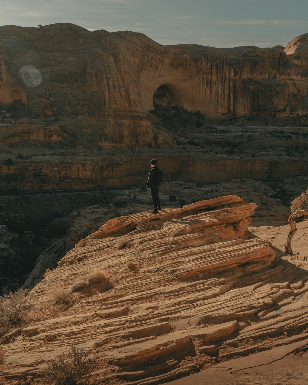 person in black jacket standing on brown rock formation during daytime