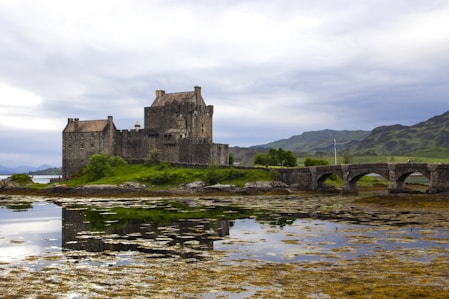 brown concrete castle near body of water under cloudy sky during daytime