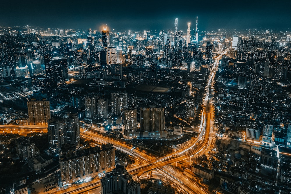 aerial view of city during night time