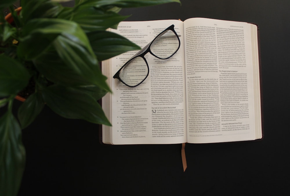 black framed eyeglasses on white book page