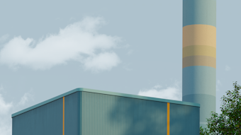 A modern industrial building with a rectangular structure and clean lines. The building has a teal corrugated surface with orange vertical stripes. In the background, there is a tall chimney featuring horizontal bands of teal, cream, and beige. Fluffy white clouds appear in the pale blue sky, and a partial view of a tree with lush green leaves is visible in the corner.
