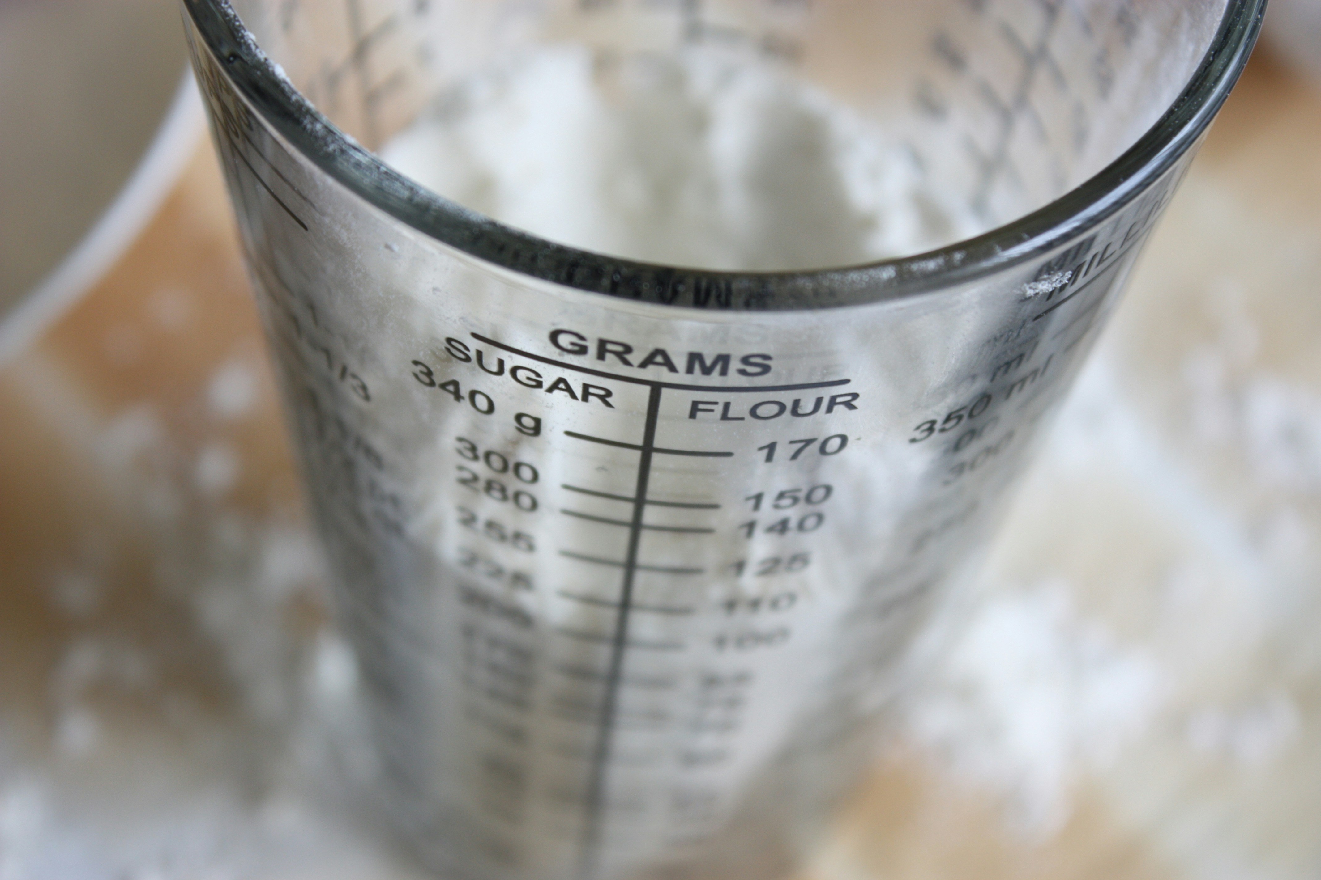 Close up on measuring glass for sugar and flour
