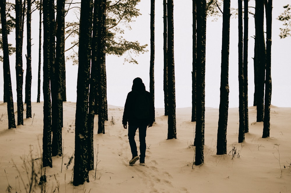 person in black coat standing on snow covered ground near trees during daytime