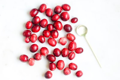 red round fruits on white ceramic bowl cranberries teams background