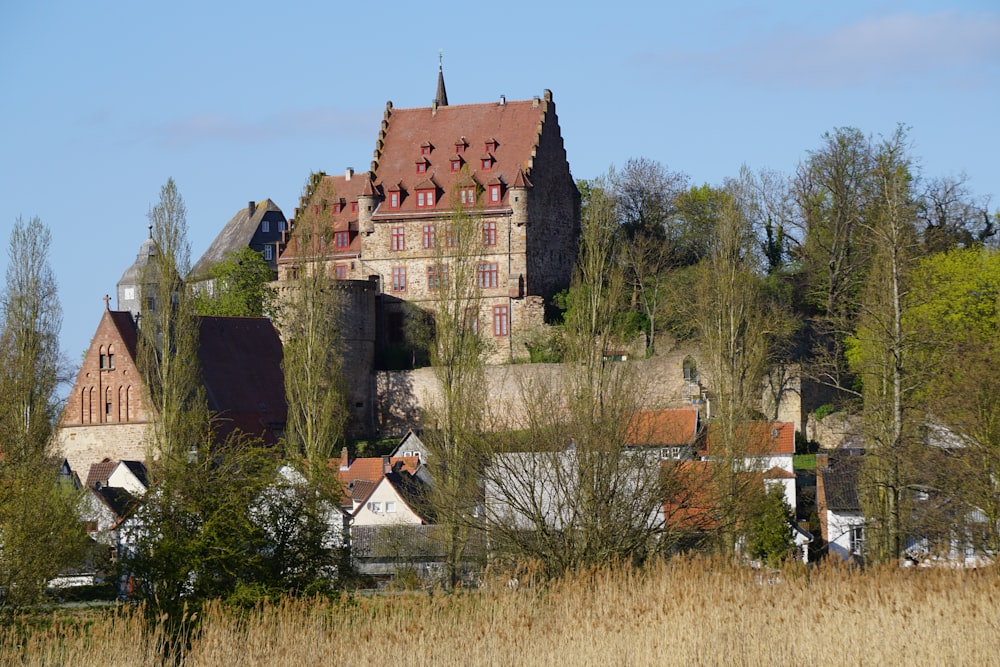 brown brick house near green trees during daytime