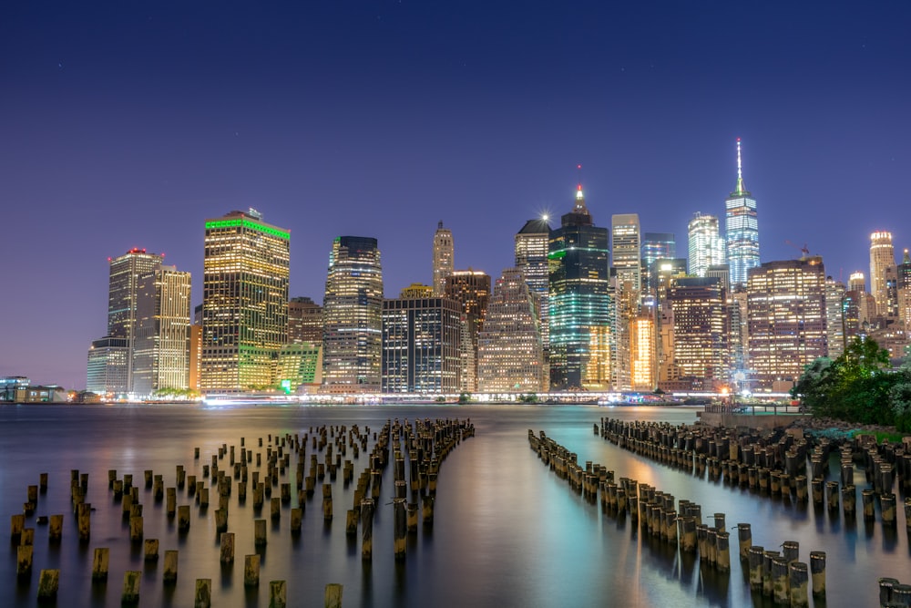 city skyline during night time