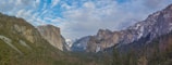 A panoramic view of a lush green valley surrounded by towering rocky cliffs and mountains, with a partly cloudy sky overhead. Some portions of the mountains are covered with patches of snow, indicating a cold climate.