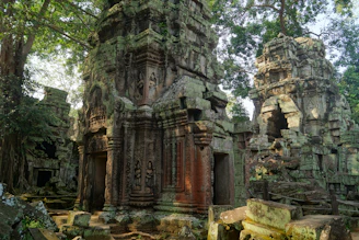 Ancient temple ruins surrounded by lush greenery in Kerala at dawn.