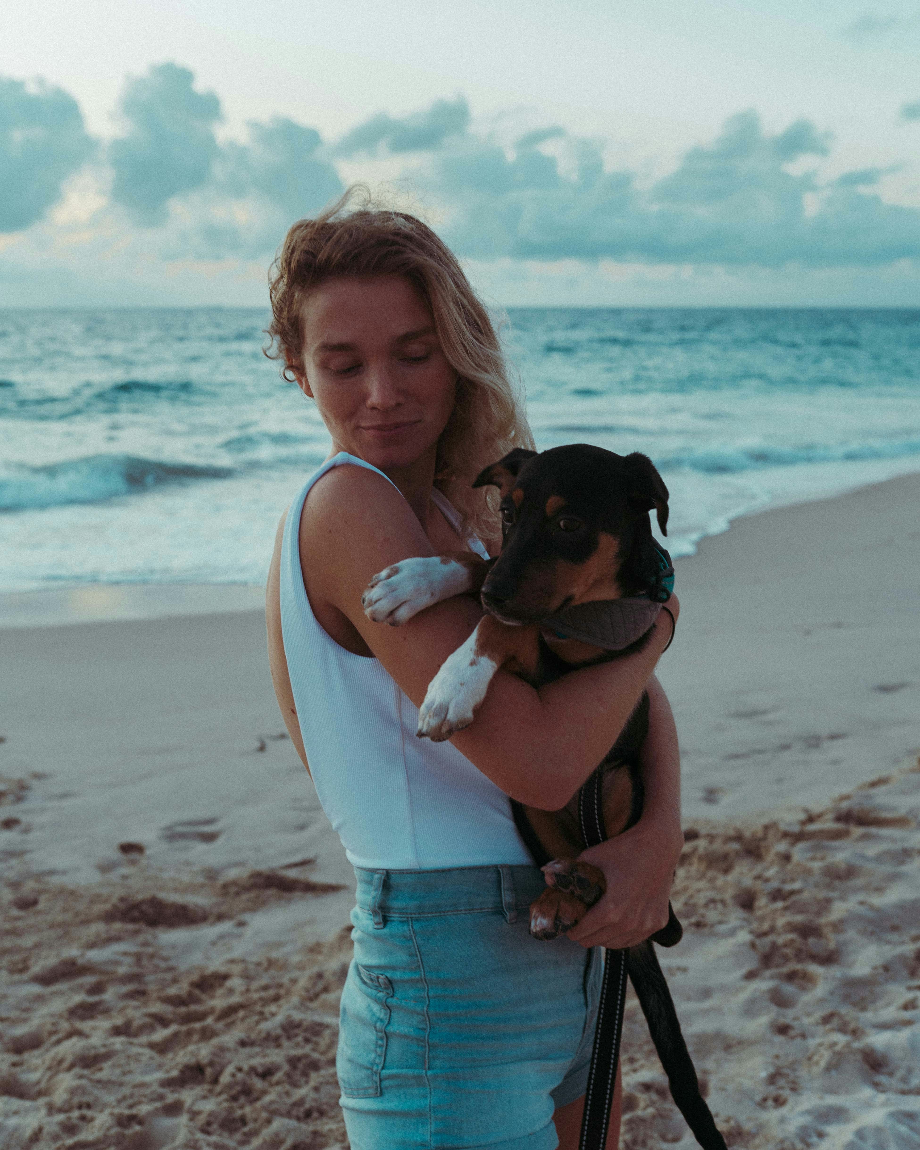 woman in blue denim shorts carrying black and brown short coated dog on beach during daytime