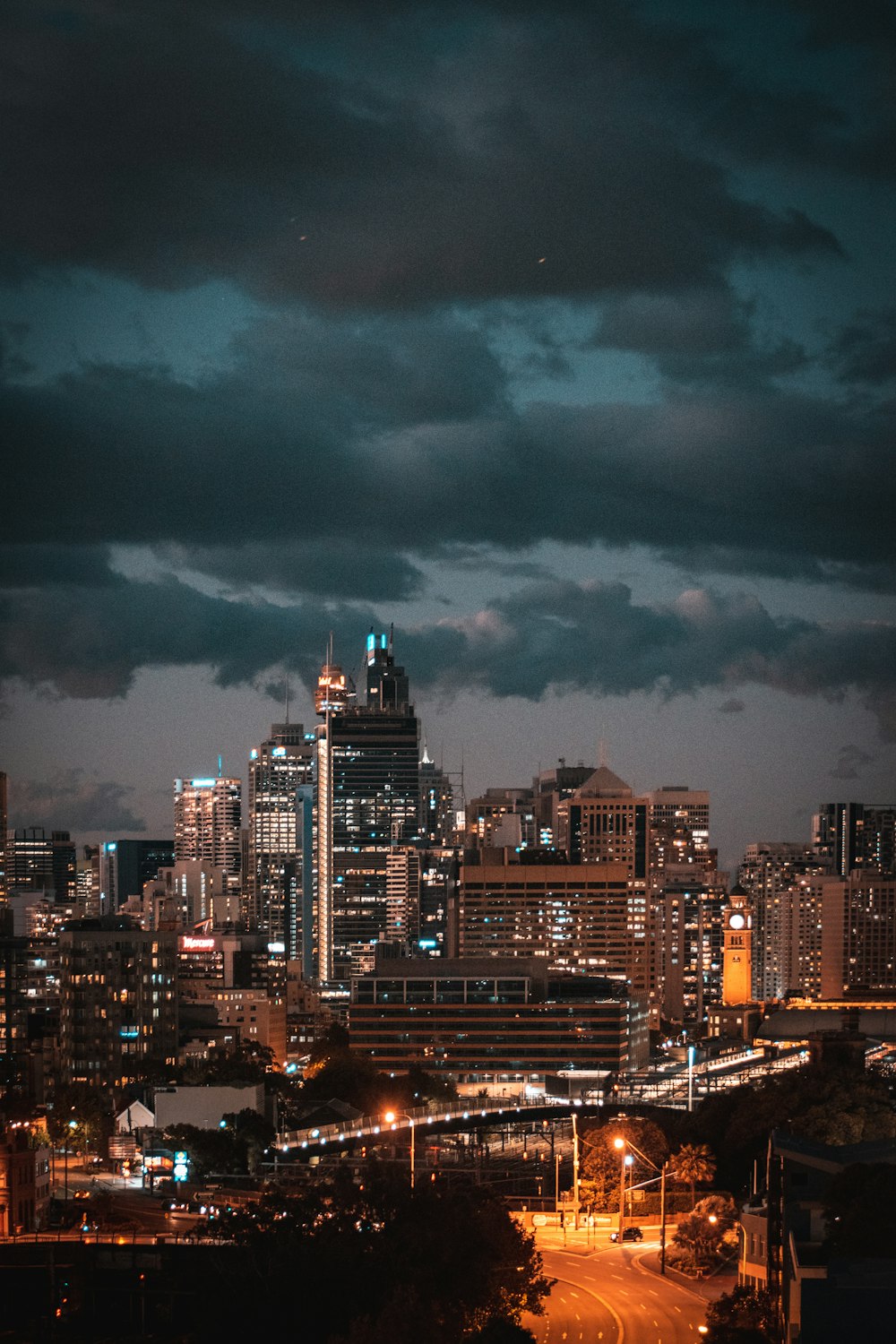 city skyline during night time