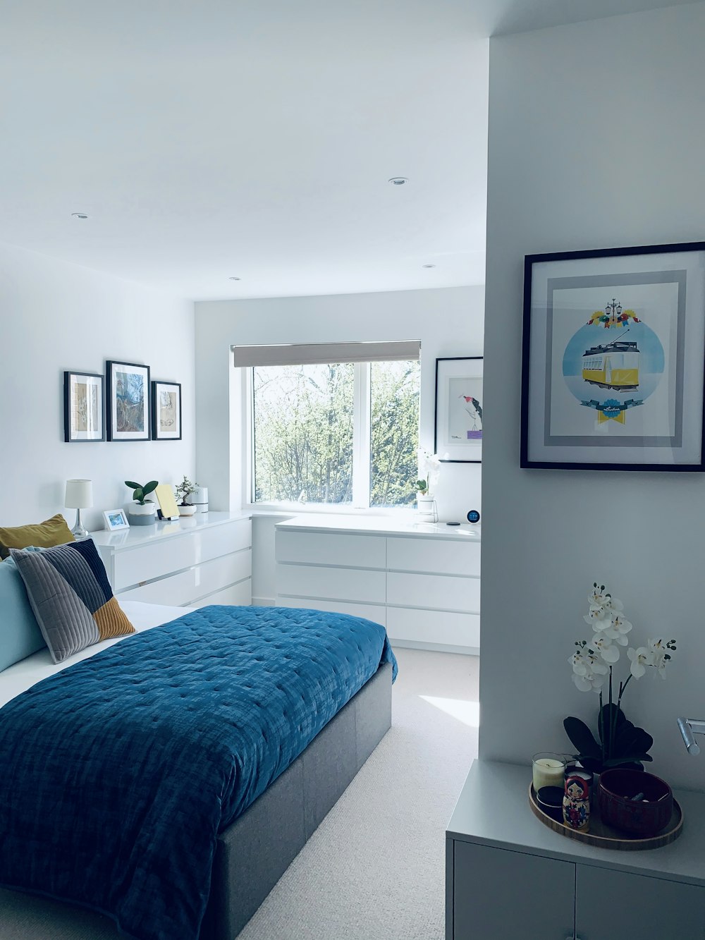 blue bed linen near white wooden framed glass window