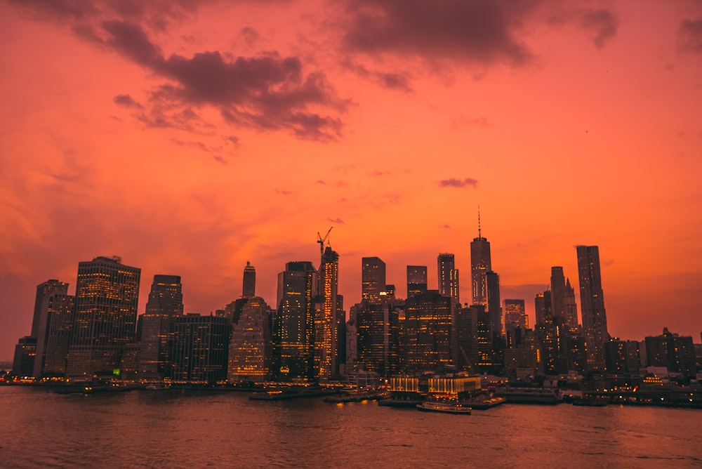 city skyline during night time