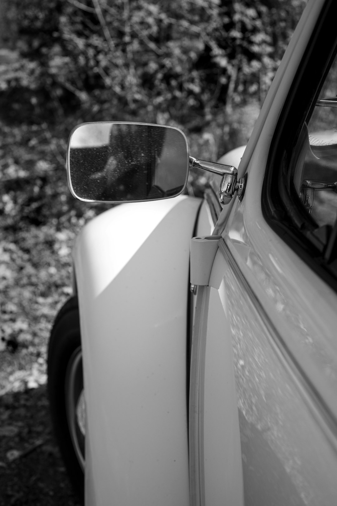 grayscale photo of car side mirror