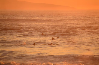 A vibrant group of young surfers enjoying a sunset session by the beach near cozy surf camp houses.