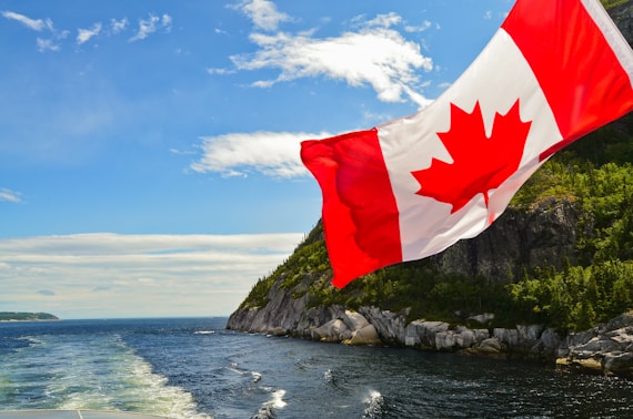 red and white flag on rock formation near body of water during daytime