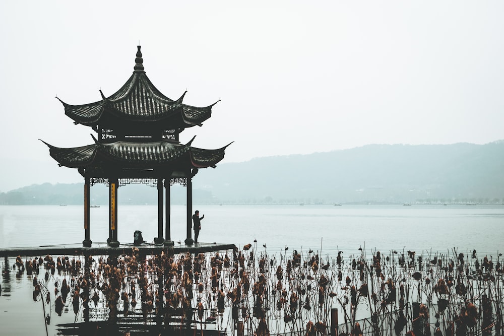 brown wooden gazebo on beach during daytime