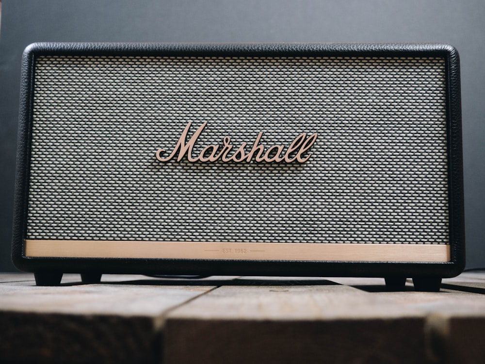 gray and black marshall guitar amplifier