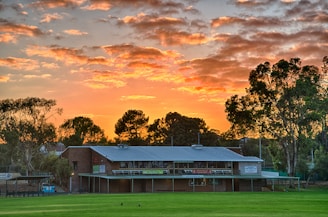 Charming exterior of a rustic inn surrounded by eucalyptus trees under a golden sunset.