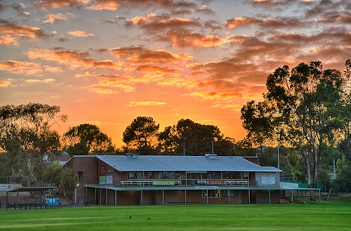 Charming exterior of a rustic inn surrounded by eucalyptus trees under a golden sunset.