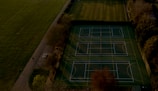 An aerial view of multiple tennis or sports courts next to a green recreational field, bordered by trees. The courts are marked with lines and look well-maintained. Shadows cast by trees stretch over parts of the courts and pathways.
