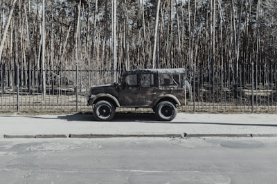 A rugged off-road vehicle with a camouflage pattern is parked alongside a road. In the background, there is a dense forest of tall, thin trees and a black iron fence separating the road from the woods. The scene is bathed in natural light, enhancing the textures of the vehicle and surrounding environment.