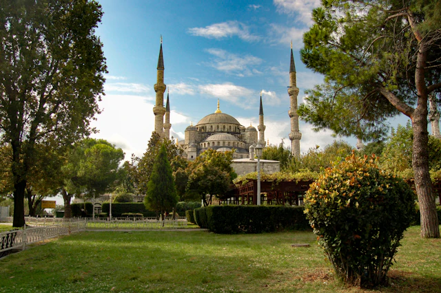 The Blue Mosque's domes and minarets rise beyond the trees and lawn of Sultanahmet Park.