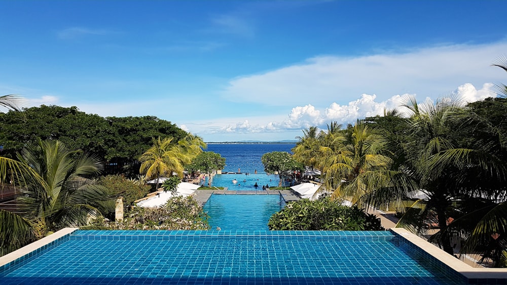 swimming pool near green trees under blue sky during daytime