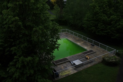A rectangular swimming pool surrounded by a paved area is nestled within a lush, green garden. The water in the pool appears vibrant green, possibly due to algae. The area is enclosed by a metal fence, and the surrounding trees are dense with foliage.