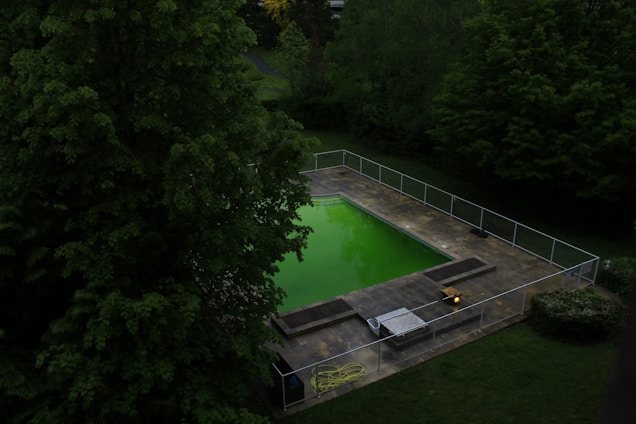 A rectangular swimming pool surrounded by a paved area is nestled within a lush, green garden. The water in the pool appears vibrant green, possibly due to algae. The area is enclosed by a metal fence, and the surrounding trees are dense with foliage.