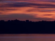 A serene sunset over the village, casting warm colors across the sky.