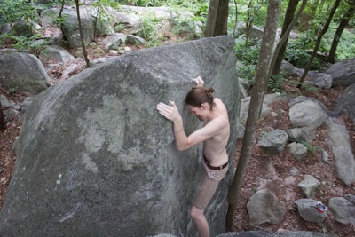 A vibrant green forest surrounding a towering granite boulder with a climber mid-ascent.