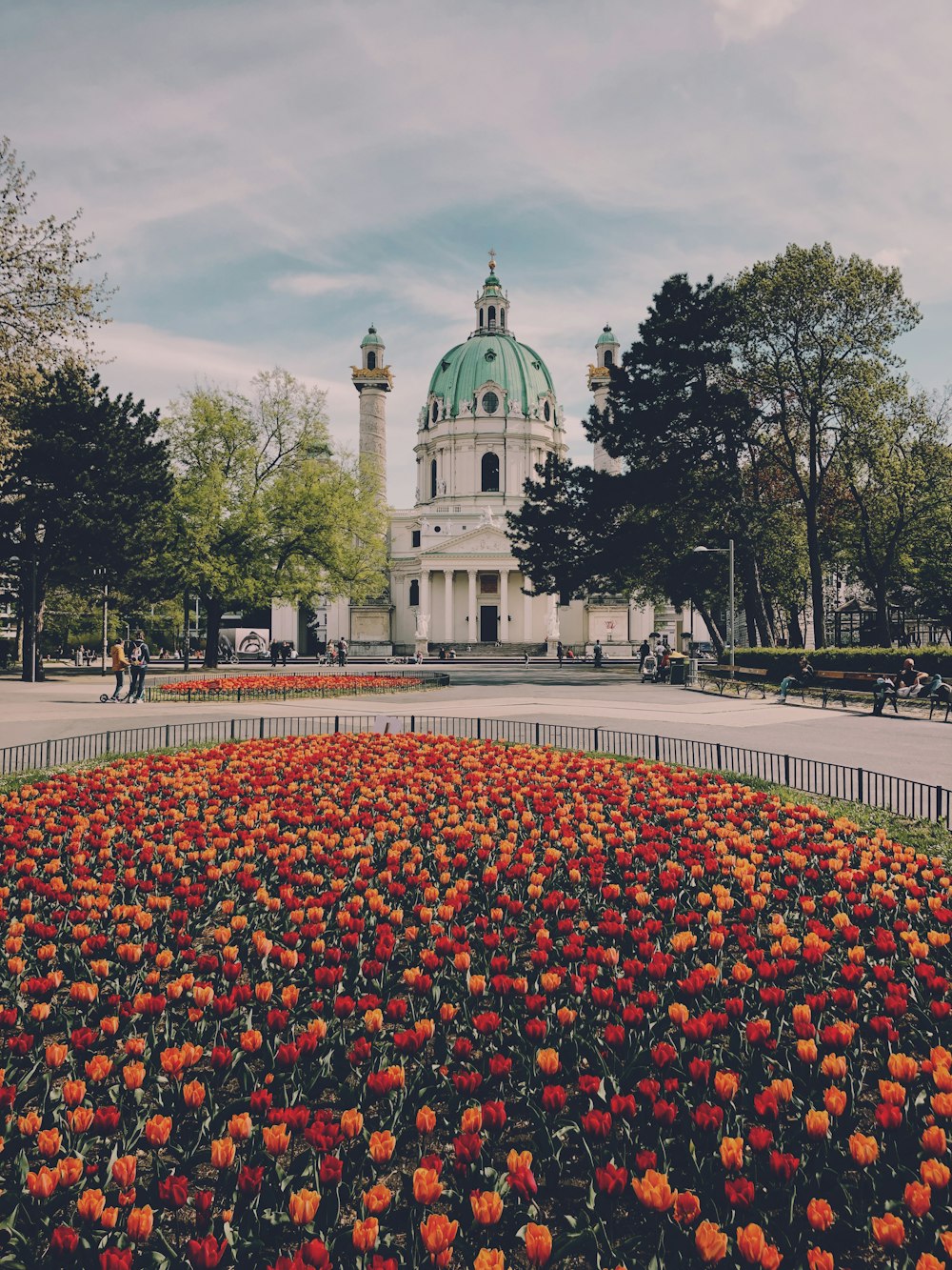 a large field of flowers in front of a building