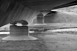 A black and white photograph depicts a modern concrete bridge with large supporting pillars over a grassy landscape. The bridge is elevated and spans across a small body of water below. The structure's clean lines and substantial pillars add an element of industrial engineering to the natural surroundings.