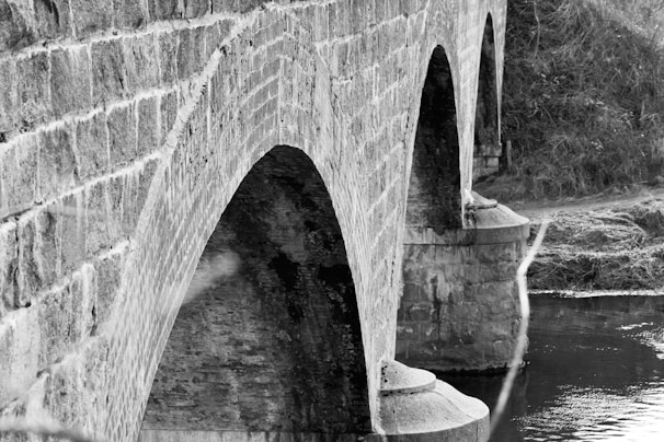 Black and white photograph of an old stone bridge over a calm river surrounded by nature.