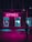 A neon-lit pharmacy with a vibrant pink sign illuminates the surrounding area. The windows display various items with a turquoise glow, contrasting with the pink light. A silhouette of a person is visible on the sidewalk, engrossed in their phone.