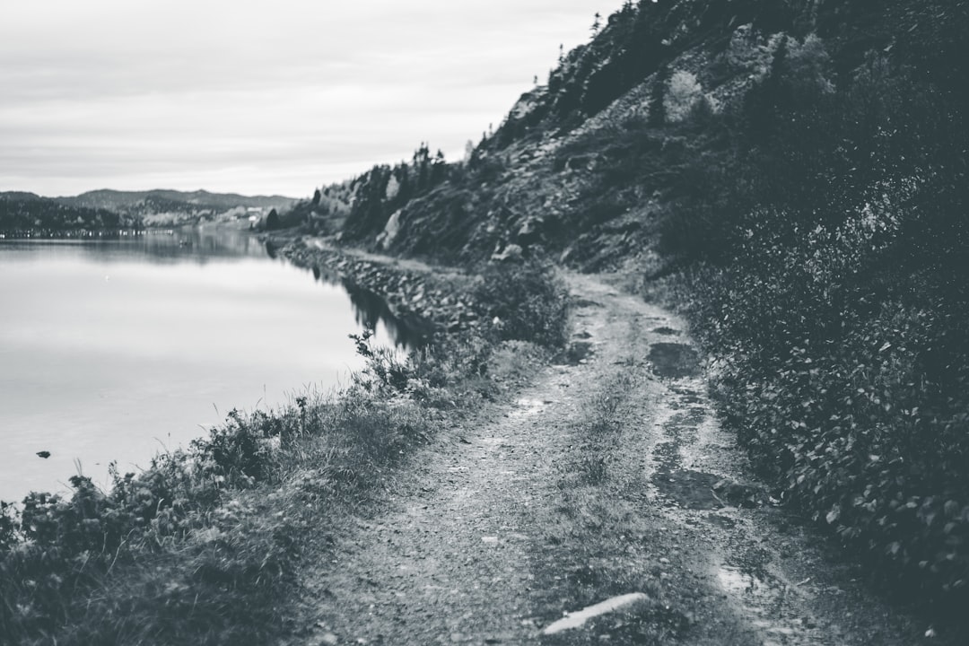 grayscale photo of mountain near body of water