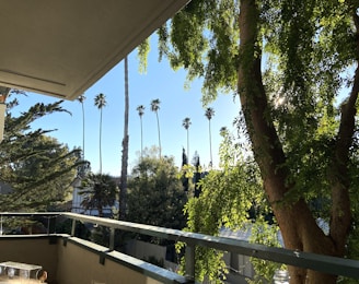 Balcony view overlooking a quiet street with trees.