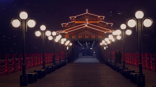 brown wooden building with lights turned on during night time in Xianyang China