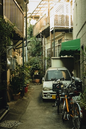 A narrow alleyway is flanked by various urban structures, including a small balcony and a green awning. A compact car is parked by the side, partially surrounded by potted plants and bicycles. The scene is lined with greenery, suggesting an urban garden setting.