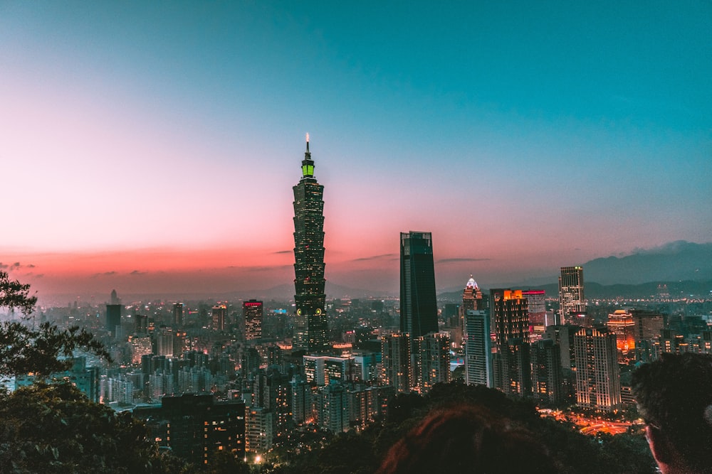 city skyline during night time