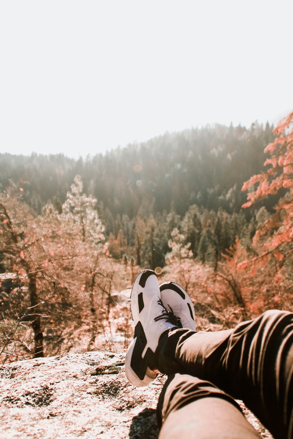 person in black and white pants and black and white sneakers sitting on brown rock during