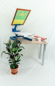 A screen printing setup on a table with a screen printing frame angled upward. A piece of white fabric is laid on the table, ready for printing. Next to the screen printing apparatus is a container of ink and a wooden squeegee. In the foreground, there is a potted plant with dark green leaves, set against a light background.