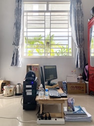 Bright and welcoming home study setup with first aid materials.