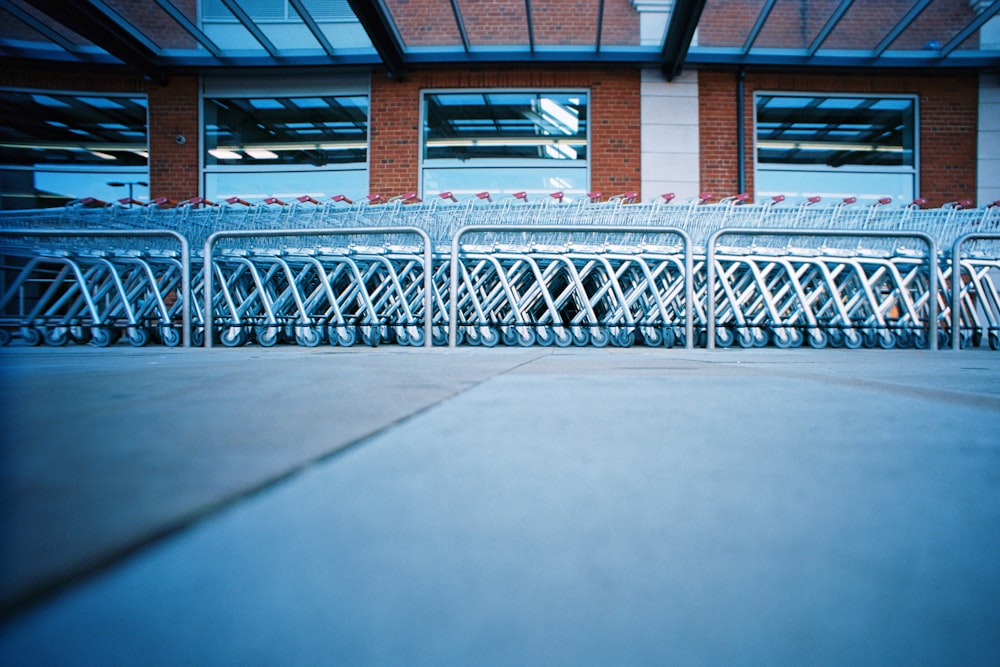 blue metal railings on white floor tiles