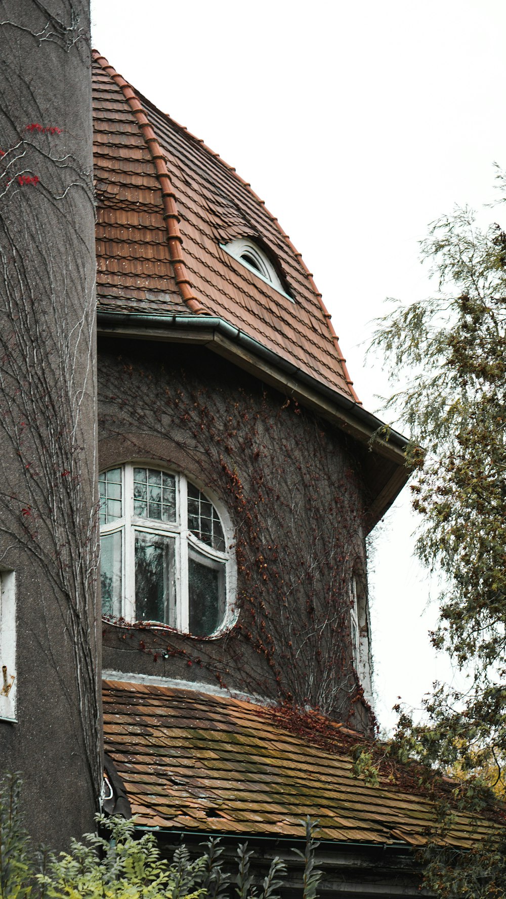 brown brick house with white wooden window
