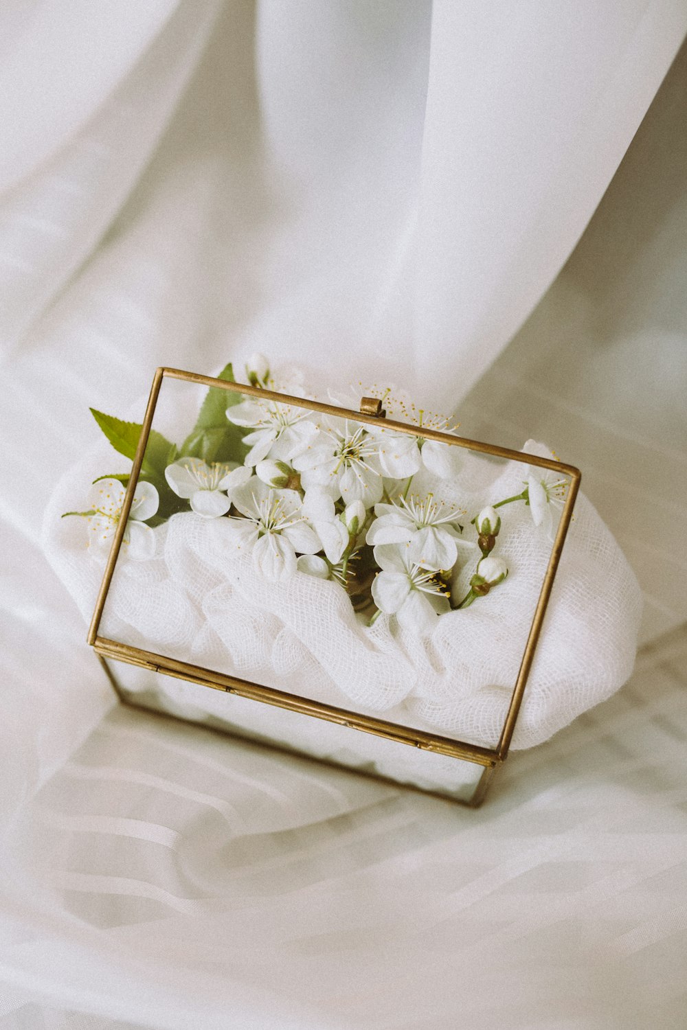 white flowers in gold box