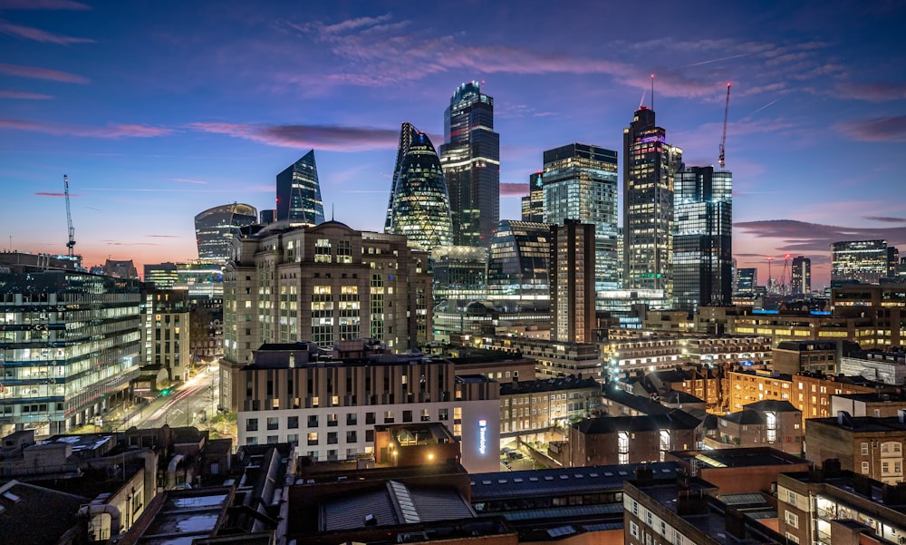 city skyline during night time