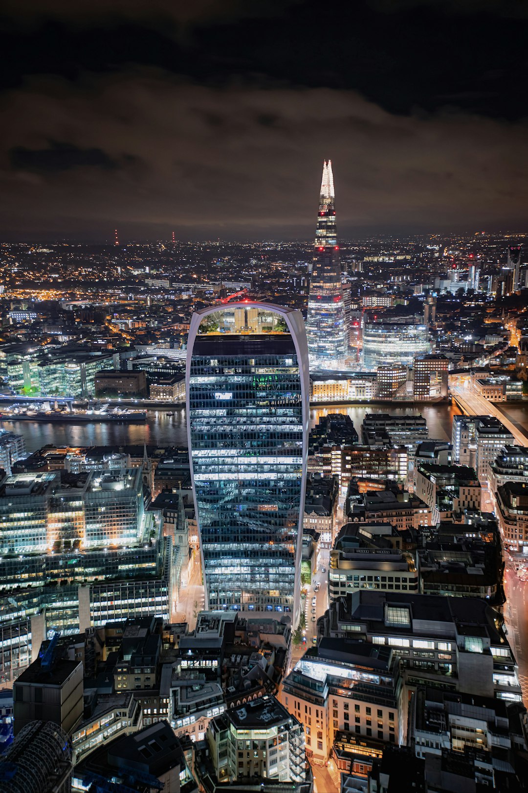 aerial view of city buildings during night time